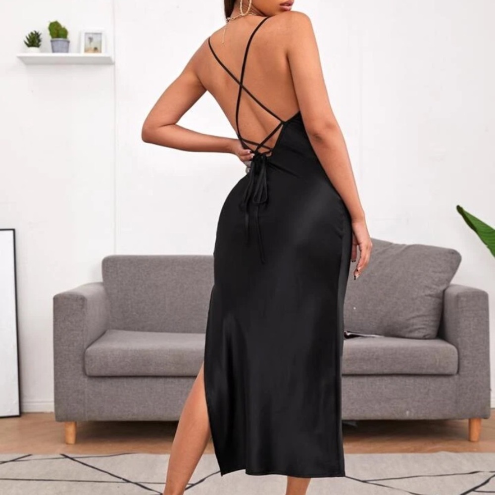 Cross Cross Back Black Slit Dress